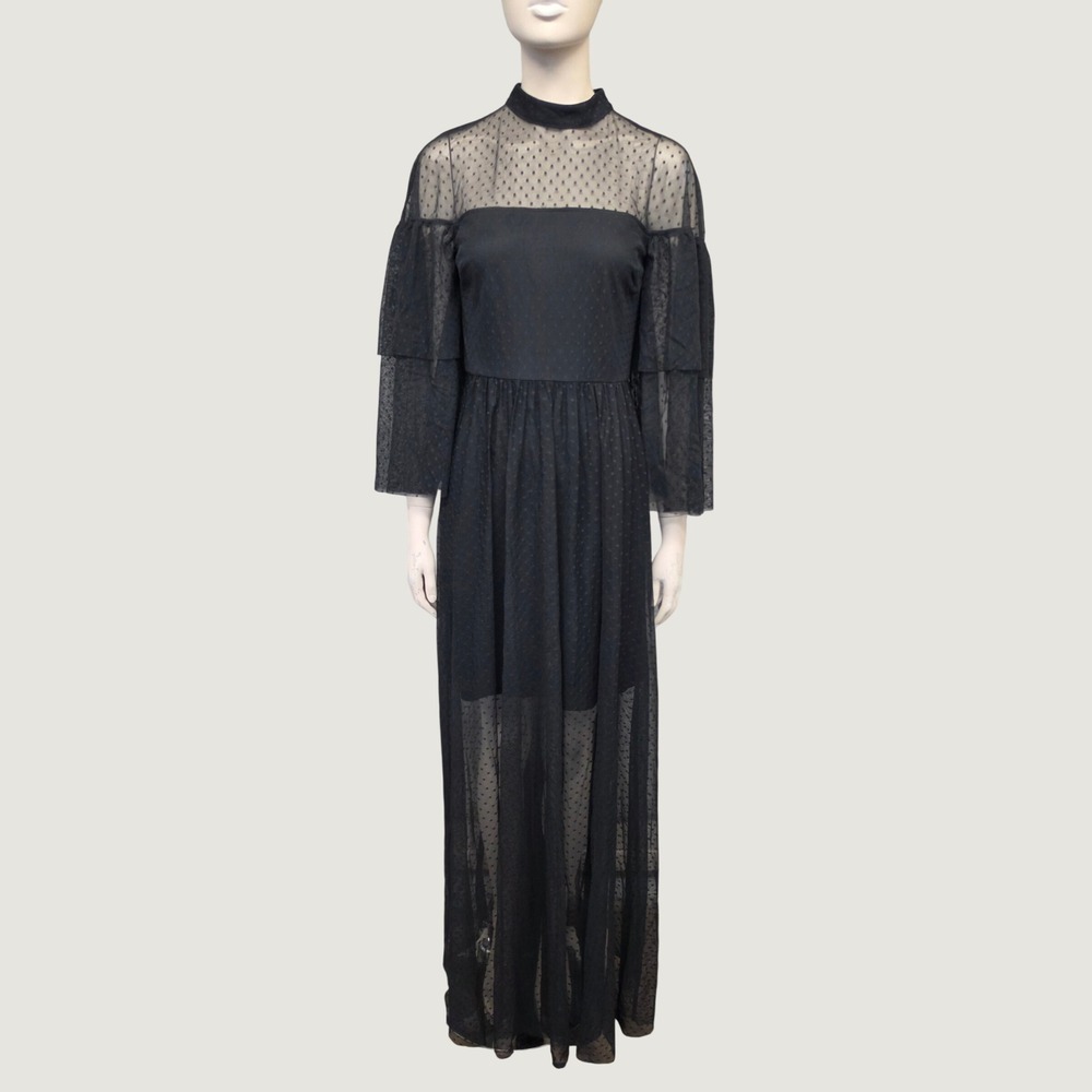 Whimsigoth Maxi Dress Avec Les Filles Black Swiss Dot Mesh Tiered Sleeve Witchy